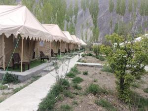 a row of tents in a field with a mountain at Town Front Camping in Leh