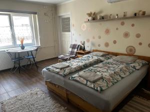a bedroom with a large bed and a table at Bor-Túra Apartman in Badacsonytördemic