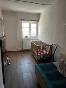 a room with a crib and a window in it at Bor-Túra Apartman in Badacsonytördemic