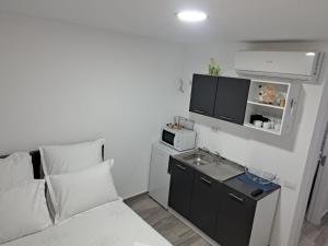 a small room with a bed and a sink at Olimp Sea View Studio in Olimp