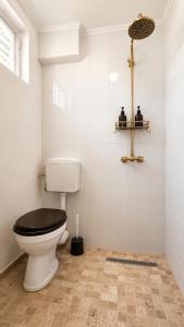 a white bathroom with a toilet with a black seat at Blue Cottage in Şpring +20 photos