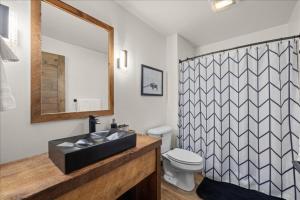 a bathroom with a sink and a toilet and a mirror at Hauser House Unit 1 Dog Friendly in Red Lodge +31 photos