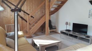 a living room with a couch and a tv at CHALET AU CALME à GERARDMER in Gérardmer