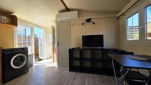 a living room with a washing machine and a tv at Bungalow entre oliviers et pins, -10mn de la plage in Châteauneuf-lès-Martigues
