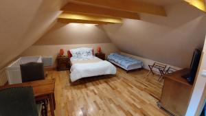 an attic bedroom with a bed and a television at Le Balcon de la Pierre Claire in Villersexel