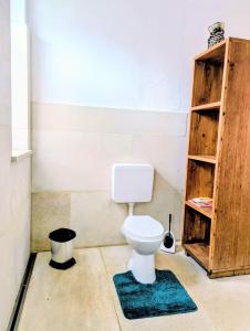 a bathroom with a toilet and a wooden shelf at Pirol in Niederfinow