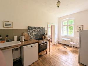 a kitchen with a sink and a counter top at Pirol in Niederfinow +11 photos