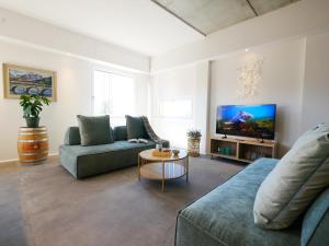 a living room with a couch and a tv at Restorative stay Garden Jacuzzi Lake View in Lierna