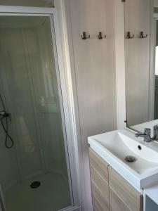 a bathroom with a shower and a sink at Mobil-home Messanges in Messanges