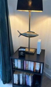 a book shelf filled with books with a lamp on it at Forest Vacation Home -fenced garden- in Ewijk +23 photos