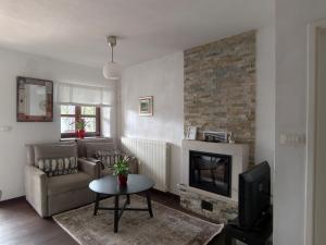 a living room with a couch and a fireplace at Villa Ester in Rovinj