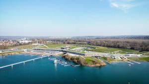 an aerial view of a marina with boats in the water at Le Clos de Vaires in Vaires-sur-Marne