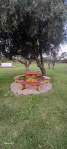 a picnic table under a tree in a park at Cabañas Las Macluras in Colastiné +2 photos