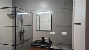a bathroom with a sink and a mirror at Apartman Bartimej 2 in Bobrów +17 photos