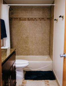 a bathroom with a toilet and a bath tub at 3BR Modern Apt • Gym • Workspace • Quiet Location in Chicago