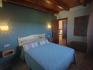 a bedroom with a blue bed with a wooden headboard at Casa Cosculluela in Aínsa