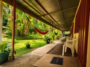 a porch of a house with a bench and plants at Hostel Osa Tucan Drake in Drake