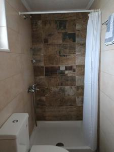 a bathroom with a toilet and a shower with a curtain at Ostria Apartments Kalives in Kalyves +24 photos