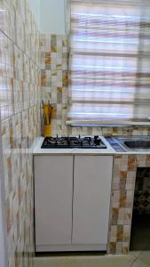 a kitchen with a white stove and a window at Merota Apartment in Dar es Salaam