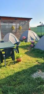 a group of tents in the grass with a table at Free People Camping in Vama Veche