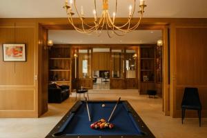 a living room with a pool table and a chandelier at Domaine de Thironne Lac & Nature in Montigny-le-Chartif
