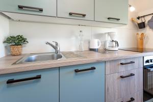 a kitchen with white cabinets and a sink at Alte Dorfstraße 29 REETungsboot in Behrensdorf