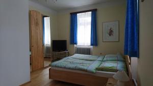 Schlafzimmer mit einem Bett mit blauen Vorhängen und einem TV in der Unterkunft Stanglwirt in Göstling an der Ybbs