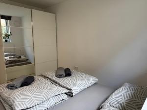 two beds in a room with a mirror at Lichtdurchflutete Suite mit Lichthof in Karlsruhe