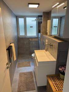 a bathroom with a toilet and a sink and a shower at Lichtdurchflutete Suite mit Lichthof in Karlsruhe