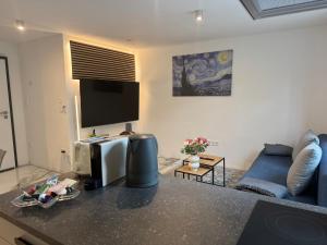 a living room with a blue couch and a flat screen tv at Lichtdurchflutete Suite mit Lichthof in Karlsruhe
