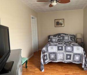 a bedroom with a bed and a ceiling fan at Long Beach Lookout Vacation Rental in Twillingate