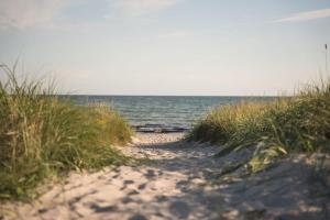 a path through the sand near the ocean at Sandvikens Strandby in Katthammarsvik