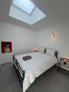 a bedroom with a bed with a skylight at Le Panier in Alixan