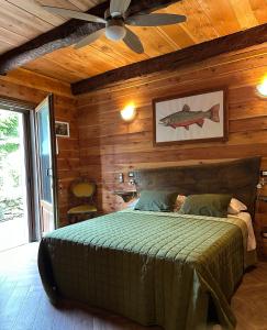 a bedroom with a bed with a fish picture on the wall at Trout Lodge in Collagna