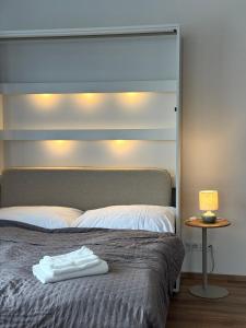 a bedroom with a large bed with a mirror at VIRIDIS Apartment in Františkovy Lázně