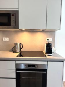 a kitchen counter with a stove and a microwave at VIRIDIS Apartment in Františkovy Lázně