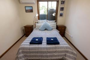 a bedroom with a bed with blue pillows on it at Flinders Ranges Bed and Breakfast in Hawker