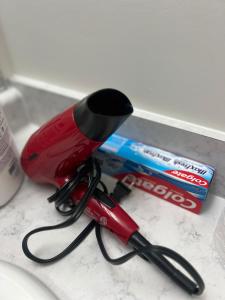 a red blow dryer sitting on top of a sink at Restful Basement Suite Hideaway in Saskatoon