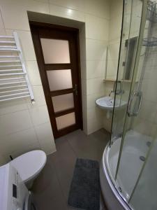 a bathroom with a shower and a toilet and a sink at Mazurski Dom Rodzinny in Pisz +11 photos