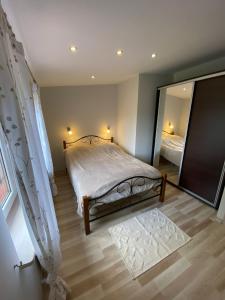 a bedroom with a bed and a large mirror at Mazurski Dom Rodzinny in Pisz