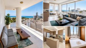 a collage of photos of a living room and a view of the ocean at TOP RATED - PREMIUM Seaview 2-BDR-Apt in tallest building in Larnaca - 2 min Walk to Beach in Larnaca
