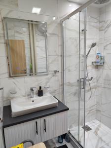 a bathroom with a sink and a shower at PANDORA BULEVAR Cacak in Čačak +4 photos