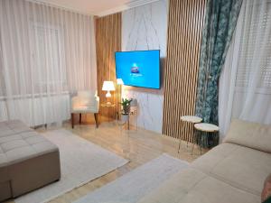 a living room with a couch and a tv on a wall at PANDORA BULEVAR Cacak in Čačak