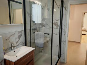 a bathroom with a shower and a sink at Chez Alice 1 in Montbéliard