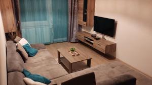 a living room with a couch and a tv at Apartmán Všemina 14A in Všemina