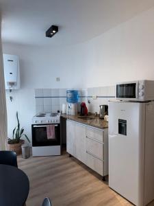 a kitchen with white appliances and a white refrigerator at Los Recoletos in Villa Mercedes