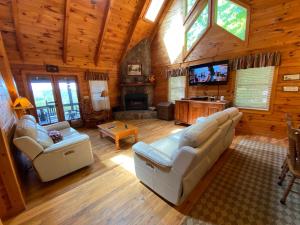 a living room with couches and a television in a cabin at Honeys Haven in Morganton