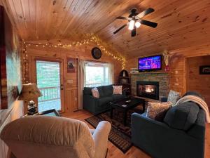a living room with couches and a television in a cabin at Lallybroch in Morganton +20 photos