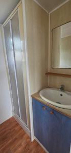 a bathroom with a sink and a mirror at Camping Arenas in Bareyo