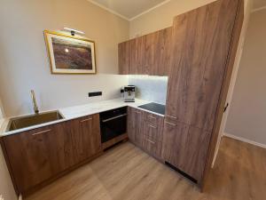 a kitchen with wooden cabinets and a sink at Luxe Lumine Apartment #2 in Kohtla-Järve